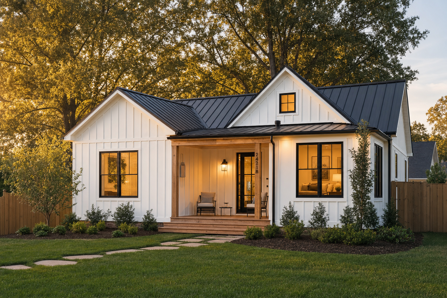 Modern white farmhouse ADU with metal roof at golden hour in Charlotte, NC